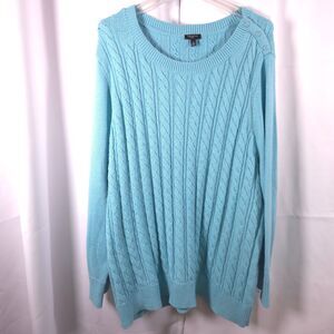 Talbots Plus Womens 3X Blue Cable Knit Long Sleeve Crew Neck Pullover Sweater